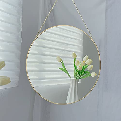LONGWIN Hanging Wall Circle Mirror Decor Gold Geometric Mirror with Chain for Bathroom Bedroom Living Room 9.8"