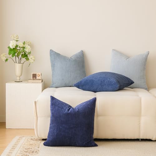 Decorative Corduroy Throw Pillow Covers 20x20 Inch Blue Ocean