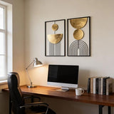 Abstract Geometric Wall Decor Set, Gold and Black Metal Wall Art with Circular and Linear Designs, 2 Piece Framed Modern Wall Sculpture