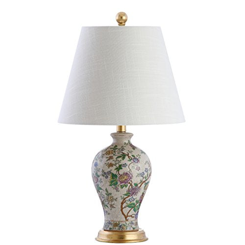JONATHAN Y 24" Multi-Colored/Gold French Country Ceramic Floral Urn Table Lamp, White Linen Shade, Chinoiserie Ginger Jar Bedside Lamp for Living Room Bedroom, LED Bulb JYL3009A