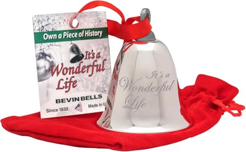 Bevin Bells “It’s a Wonderful Life” Silver-Plated Christmas Tree Ornament | Official Movie Bell Keepsake | Red Ribbon & Velvet Gift Bag Decoration, Christmas Decoration, Wedding Gifts