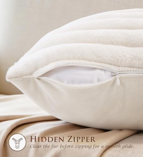 Pack of 2 Throw Pillow Covers 18x18 Decorative Solid Plush Faux Fur with Soft Velvet Back, Square Striped Cushion Cases Modern Farmhouse Home Decor for Living Room Couch Sofa Bed Cream White