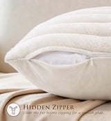 Pack of 2 Throw Pillow Covers 18x18 Decorative Solid Plush Faux Fur with Soft Velvet Back, Square Striped Cushion Cases Modern Farmhouse Home Decor for Living Room Couch Sofa Bed Cream White
