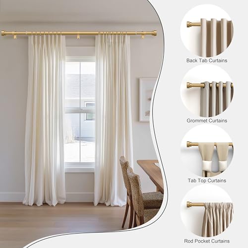 PORTRES Gold Heavy Duty Curtain Rods for Windows 66 to 120 Inches Adjustable Length 1" Diameter Brass Curtain Rod with Modern Decorative Finials for Outdoor Bedroom Kitchen Living Room