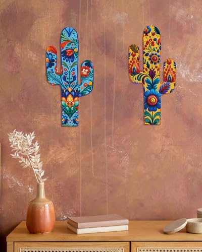 Putuo Decor Aztec Cactus Wall Decor Set of 2, Western Wooden Home Decor, Farmhouse Rome Decor Mexican Wall Art for Living Room, Bedroom, Kitchen, Office