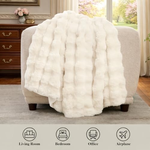 Amélie Home Faux Fur Throw Blanket for Couch, Ultra Soft Fuzzy Plush Bubble Throw for Sofa, Living Room & Home Decor, 50"x60", Cream White