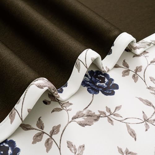 Beauoop Floral 100% Blackout Curtains 84 Inches Long 2 Panels for Bedroom Living Room Blue Brown on Beige Vintage Rose Flower Patterned Room Darkening Thermal Soundproof Grommet Window Drapes, 52X84