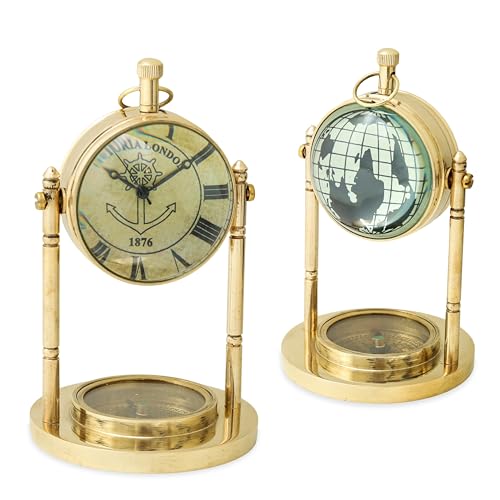 LIARA Vintage Brass Gold Table Clock Compass | Elegant Vintage Nautical Timepiece for Home & Gift
