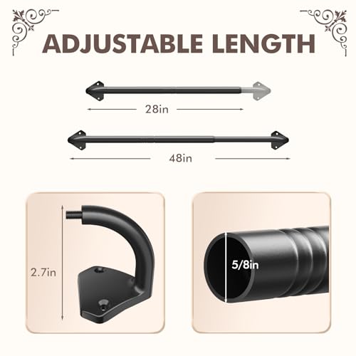 Curtain Rods, No Rust Adjustable Blackout Drapery Rods, 5/8 Inch Diameter Wrap Around Curtain Pole for Windows, Ideal for Bedroom, Outdoor (28-48 Inch, 2 Pack, Black)