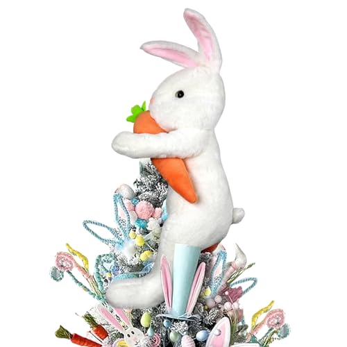 Hongsome Easter Bunny Tree Topper Decorations,Spring Plush Rabbit Hugged Carrot for Tree Basket Stuffers Holiday Home Party Supplies Decor White