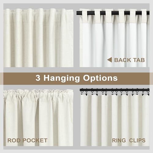 Cream Linen Blend Blackout Curtains 84 Inch Long 2 Panel Back Tab Thermal Insulated Light Blocking Curtain for Living Room Black Out Drape for Bedroom Neutral Rustic Farmhouse 52x84 Length Ivory White