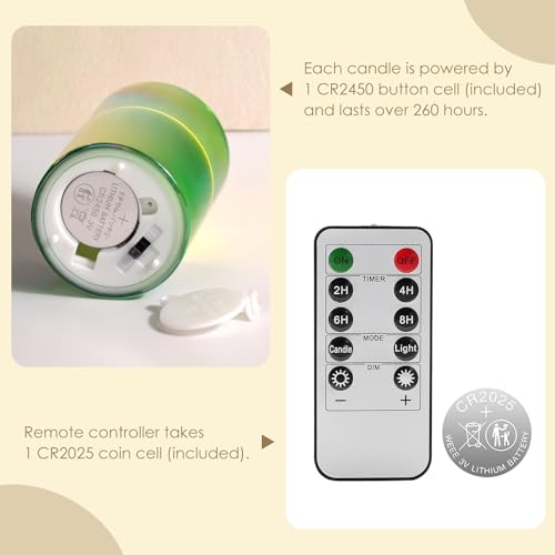 Green Glass LED Pillar Candles with Remote Batteries Set of 5