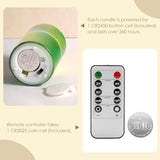 Green Glass LED Pillar Candles with Remote Batteries Set of 5