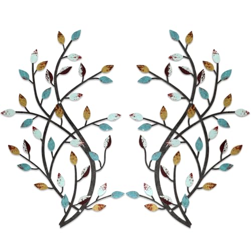 Meltset Metal Tree Leaf Wall Decor, Vine Olive Leaf Branch Wall Art, Wrought Iron Scroll Artwork, Decorative Wall Sculptures Above The Bed, Living Room, Hallway, Indoor and Outdoor（S/Farmhouse）