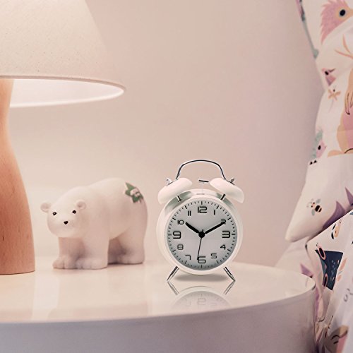 Betus [Non-Ticking Twin Bell Alarm Clock - Metal Frame 3D Dial with Backlight Function - Desk Table Clock for Home & Office - Milk White