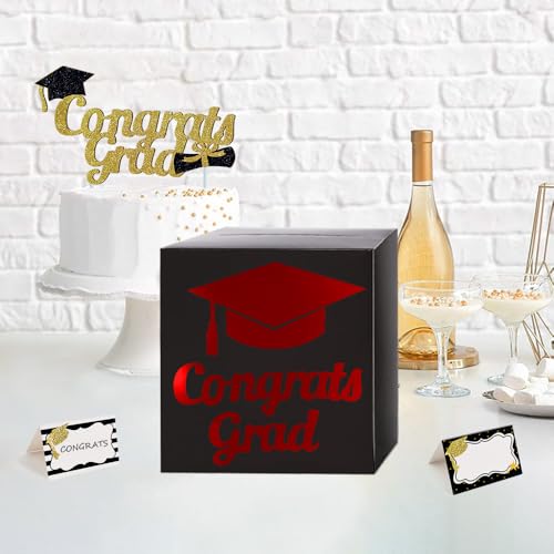 Graduation Card Box Holder, Congrats Grad Foldable Cardboard Decorations Box for Graduation Party Decoration and Grad Parties (Black-red)