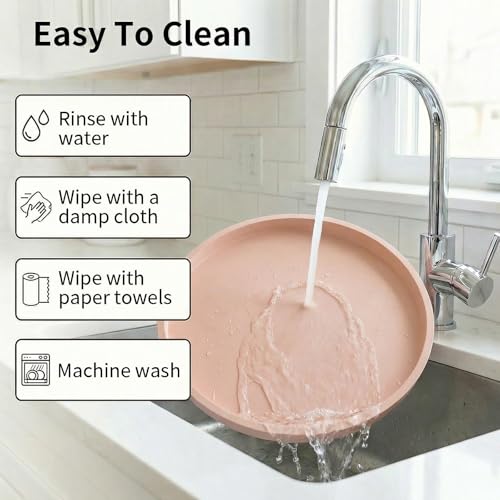 Round Pink Silicone Decorative Bathroom Vanity Tray 9 Inch, Counter Tray for Bathroom Countertop Perfume Holder Dresser Organizer Coffee Table Candle, Non-Slip Durable for Home Use