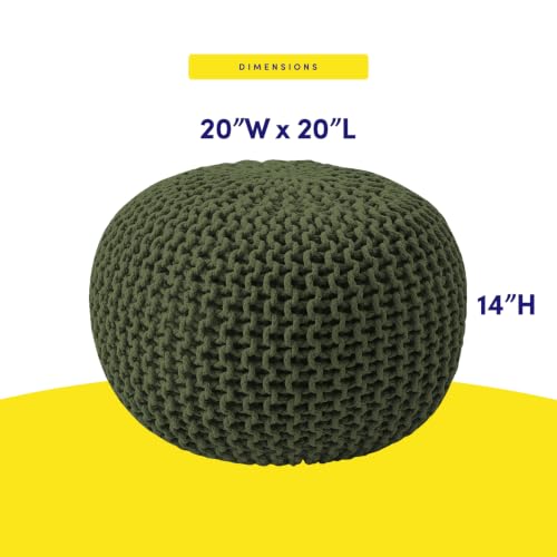 Pouf Ottoman Foot Rest Stuffed – 20” Diameter x 14” Tall Cozy Floor Pouf for Living Room, Bedroom, Nursery & More – 100% Cotton Knit Shell, EPS Bead Filled Footrest & Accent Chair, Green
