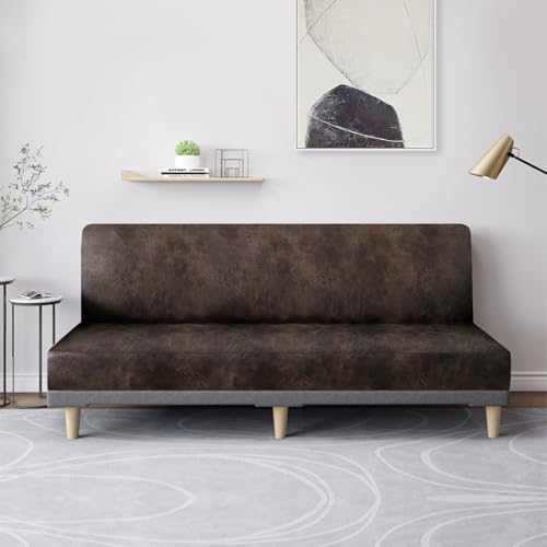 Leather Like Stretch Futon Slipcover Armless Futon Bed Sofa Cover Furniture Protector with Elastic Bottom, Soft and Washable Futon Cover for Sofa Bed Stay in Place（Larger，Dark Brown）