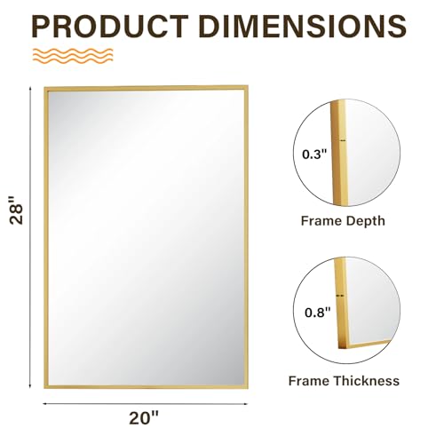 HARRITPURE 28"x20" Rectangle Mirror Bathroom Mirrors for Over Sink Framed | for Wall, Gold Framed Rectangle Mirror Aluminum Alloy Frame Wall-Mounted Horizontally/Vertically for Entryway/Bedroom/Vanity