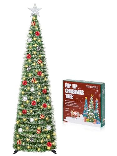 5 FT Pop Up Christmas Tree with Timer Lights and Decorations, Green Tinsel Artificial Christmas Tree with 24 Balls Ornaments, Collapsible Pencil Tree for Xmas Home Office Party Decor