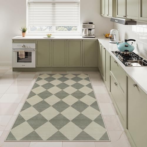 Checkered Print Bedroom Area Rug 3x5, Non Slip Ultra Thin Washable Entryway Rug Low Pile Soft Bathroom Rugs Green, Moroccan Farmhouse Trellis Throw Rugs for Kitchen Office Kids Room
