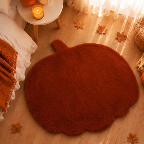 Orange Pumpkin Shaped Bedroom Rug, Faux Rabbit Fur Fluffy Area Rug, Soft Non Slip Floor Mat for Living Room Fall Halloween Thanksgiving Decor, 33 x 35 Inches