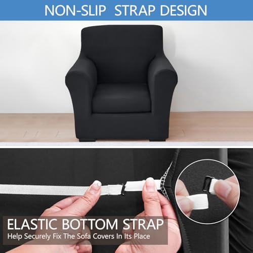 Stretch Sofa Cover Couch Covers, 2-Piece Armchair Cover with Separate Cushion Cover, Washable Soft Spandex Furniture Protector for Living Room(Armchair, Black)