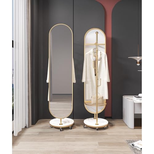 Decorative Luxury Rotating Coat Rack Integrated Marble Floor Mirror for Bedroom and Entryway Full-Length for Living Room