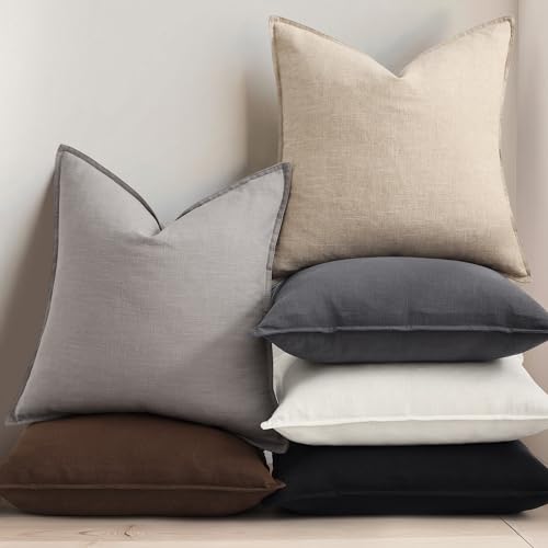 decorUhome Fall Decorative Linen Throw Pillow Covers 18x18 Inch Set of 2 Natural Beige Pillow Covers with Flange Edges Soft Farmhouse Boho Accent Pillow Cases for Couch Bed Living Room
