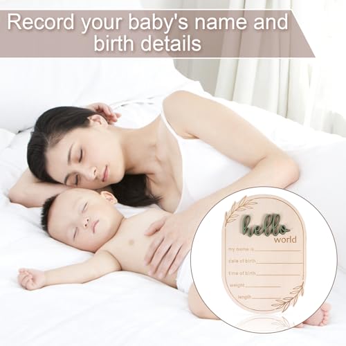 Baby Announcement Sign, 5.91x4.13 Inch Wooden Hello World Baby Name Sign Newborn Announcement Sign Birth Announcement Plaque for Home Hospital Nursery