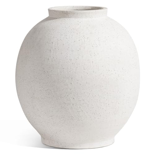 White Ceramic Vase - Large 10.8 Inch Round Floor Vase for Centerpieces, Farmhouse Flower Vases, Rustic Minimalist Home Decor (Sandstone White)