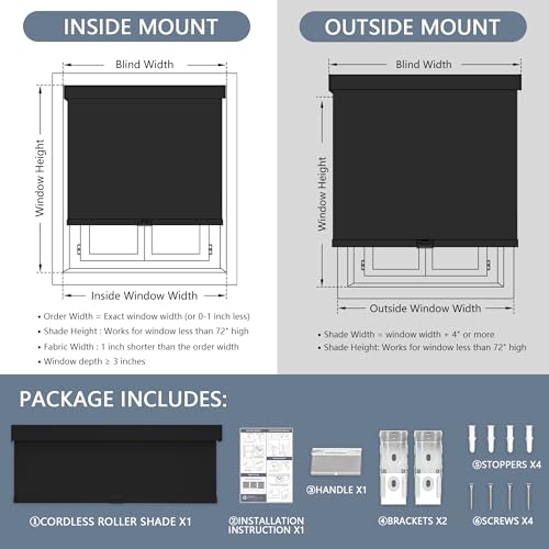 AOSKY Blackout Roller Shades Cordless Blinds for Windows, Free-Stop Shades with Valance, Thermal Insulated Fabric, UV Protection, Natural Woven Blinds for Home and Office (34" W x 72" H, Black)