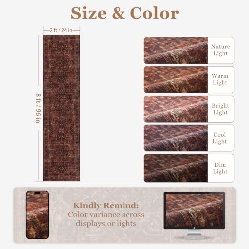 Washable Hallway Runner Rug 2'x8', Vintage Medallion, Dark Red
