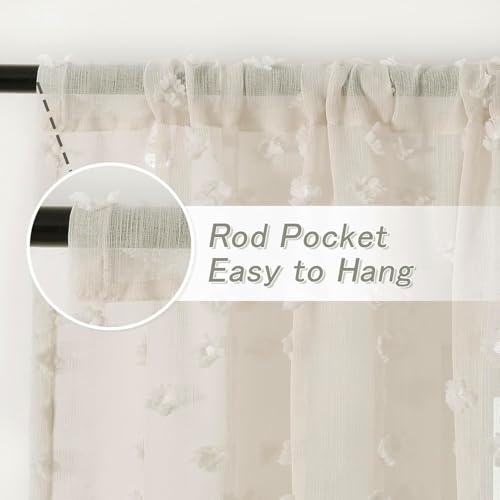 MYSKY HOME Beige Sheer Curtains for Bedroom Living Room with Pom Pom 84 Inches Long Light Filtering Cream Boho Drapes for Girls Nursery Kids Room Window, Rod Pocket, 52" Wide, 2 Panels