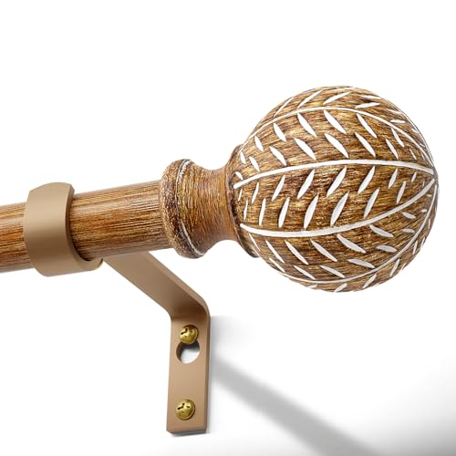 QDWIS Imitation Wood Grain Curtain Rods for Windows 72 to 144 Inch,1 Inch Heavy Duty Adjustable Wood Curtain Rod,Boho Decorative Drapery Rods Set with Brackets,Size:36''-150''