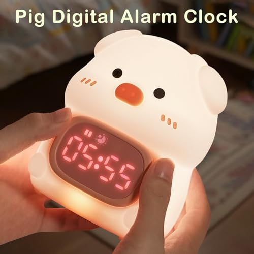 Pig Digital Alarm Clock with Night Light for Kids, Sleep Training Clock with RGB Lights, OK to Wake Clock, Rechargeable Cute Animal Silicone Lamp for Toddler Boys Girls Teens Birthday Room Decor (Pig)