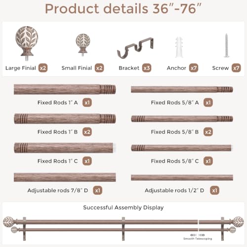 Double Curtain Rod 36-76 Inch, Boho Wood Decorative Dual Curtain Rods for Windows, 1" Adjustable Heavy Duty Double Rod, Unique Handmade Imitation Weathered Wood Grain Leaf Finials Design