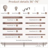 Double Curtain Rod 36-76 Inch, Boho Wood Decorative Dual Curtain Rods for Windows, 1" Adjustable Heavy Duty Double Rod, Unique Handmade Imitation Weathered Wood Grain Leaf Finials Design