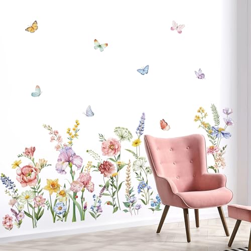 decalmile Spring Garden Flower Wall Stickers Wildflower Iris Butterflies Wall Decals Living Room Girls Bedroom Baby Nursery Wall Decor