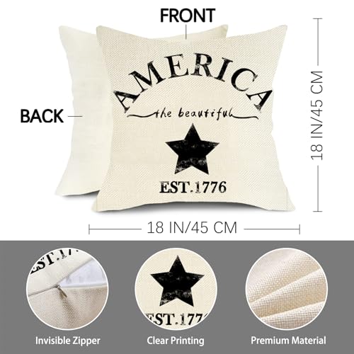 July 4th Farmhouse Decorative Throw Pillow Cover America Est. 1776 Patriotic Sign Decoration Rustic Home Decor Cotton Linen Cushion Case for Sofa Couch, 18" x 18"