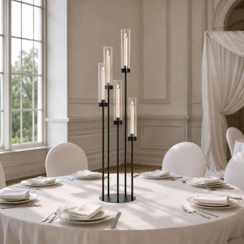 39.8'' Black 5 Arm Candelabra Candle Holder Centerpiece with Acrylic Shades