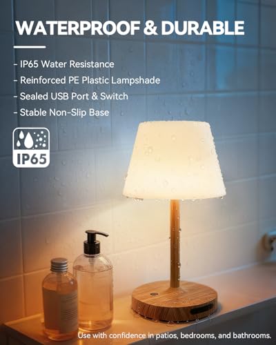 Outdoor Waterproof Shower Lamp, 5200mAh Cordless Rechargeable Table Lamp with Touch Dimming, IP65 Wireless LED Night Light for Patio, Camping, Bathroom, Restaurant & Kitchen