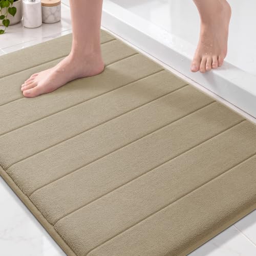 Yimobra Memory Foam Bath Mat, Super Soft Absorbent Bathroom Rug Non Slip 31.5x20 Inch, Quick Dry, Machine Washable Floor Carpet for Tub Shower, Home Decor Accessories, Light Tan