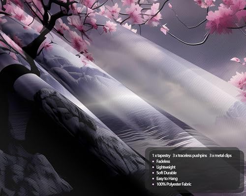 QGHOT Japanese Cherry Blossom Tapestry Wall Hanging Asian Anime Nature Mountain Wall Art Calming Lake Ocean Tapestries for Bedroom Living Room Decor 60x50in