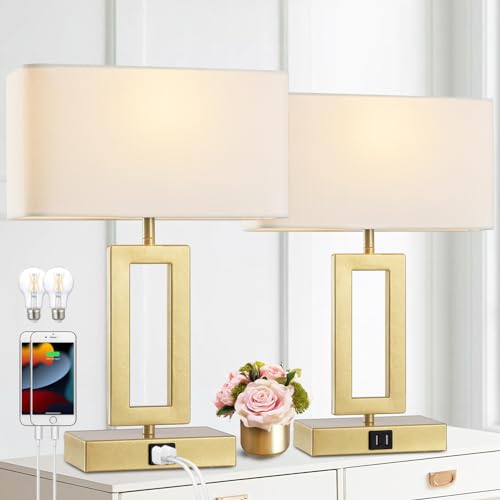 Gold Table Lamps Set of 2 with Dual USB Ports,3-Way Dimmable Touch Control Bedside Lamps,Modern Bedroom Table Lamp for Living Room,Nightstand LED Bulbs Included
