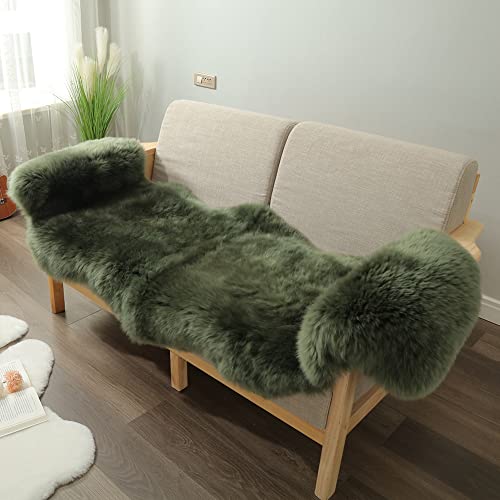 LLB Genuine Sheepskin Area Rug Fur Carpet Fluffy Shaggy Fur Rug for Living Room Kids Bedroom Real Sheepskin Throw Lambskin Aesthetic Rugs Sofa Mat Chair Seat Covers (Dark Green, 2 x 6 ft Sheepskin)