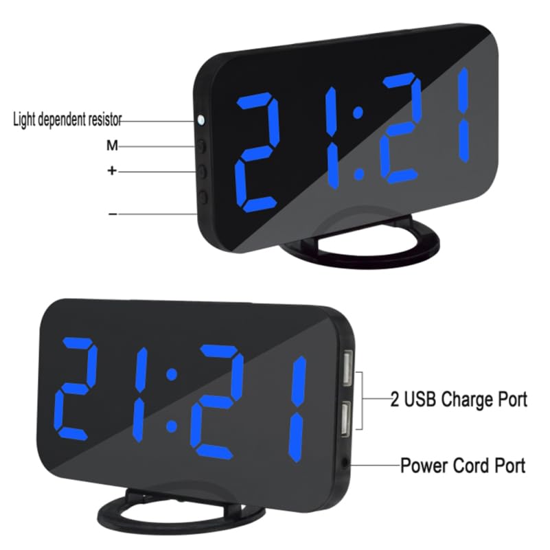 Cabilock Digital Alarm Clock with Mirror Surface Led Display Dual USB Charging Ports Snooze 3-Level Dimmer Digital Bedside Clock for Bedroom Desk Office