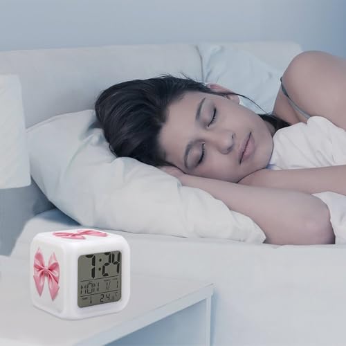 Pink Bow Alarm Clock Night Light Alarms for Bedroom Smart Digital Alarm Clock LED Display Clocks with 7 Colorful Ambient Lights Sleep Timer for Heavy Sleepers Simple Operation