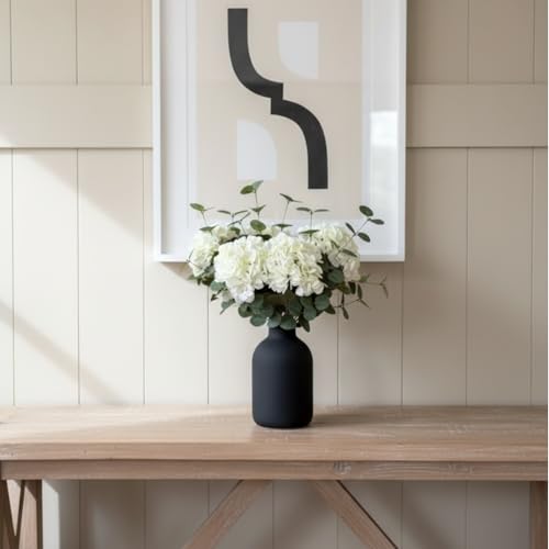 Real Touch White Faux Hydrangea And Eucalyptus Arrangement, Faux Floral Arrangements, Hyper Realistic Artificial Flowers, White Centerpieces For Kitchen Dining Coffee Table Decor, 5 Heads + Greenery